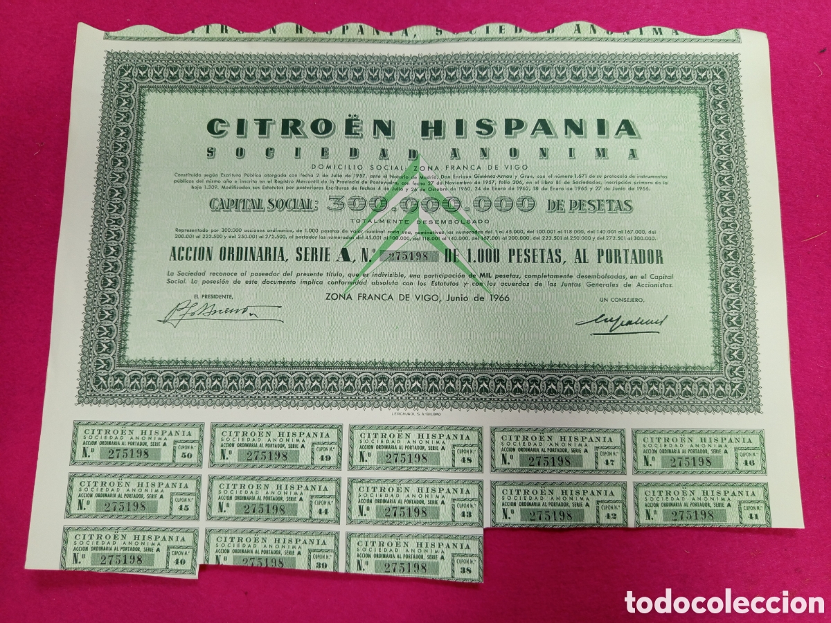 Coleccionismo acciones espa&ntilde;olas: Acci&oacute;n Citroen Hispania 1966 275198