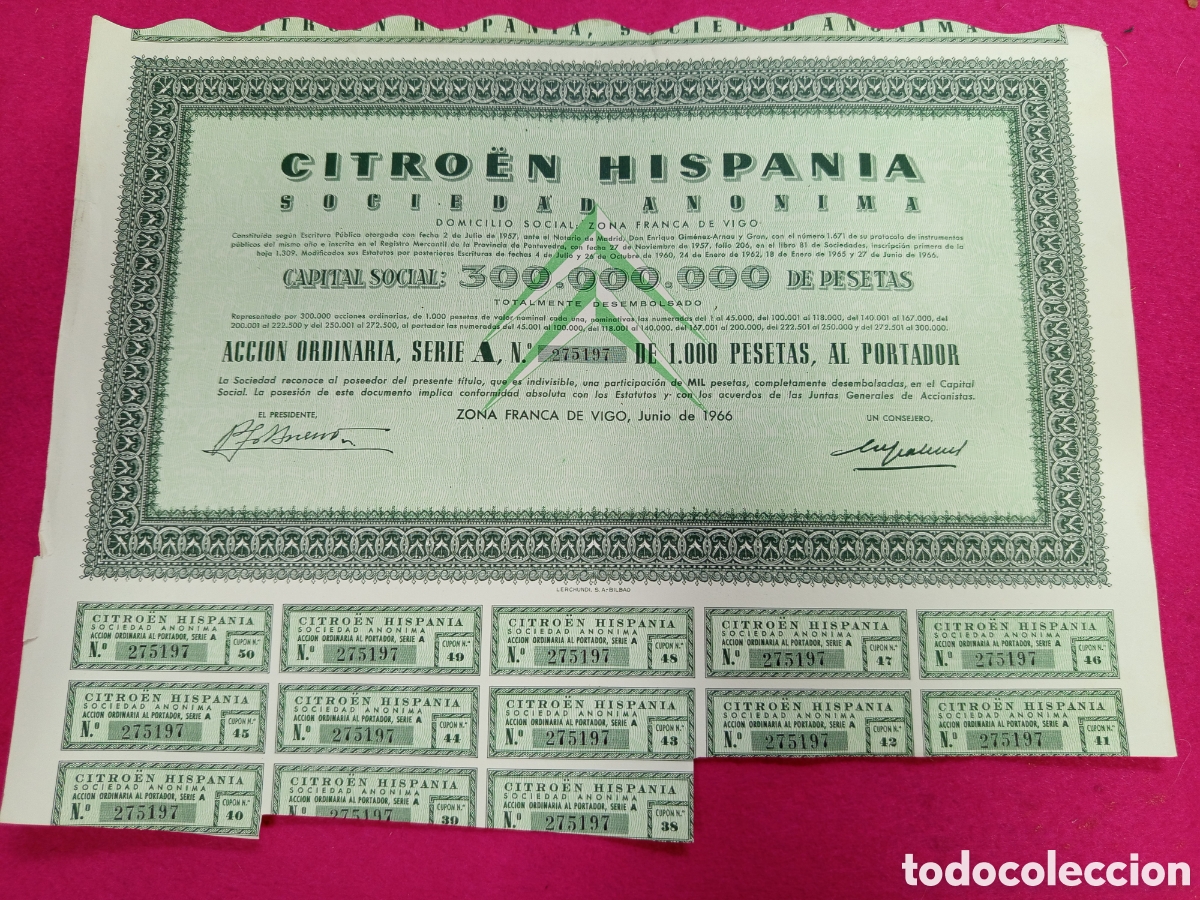 Coleccionismo acciones espa&ntilde;olas: Acci&oacute;n Citroen Hispania 1966 275197
