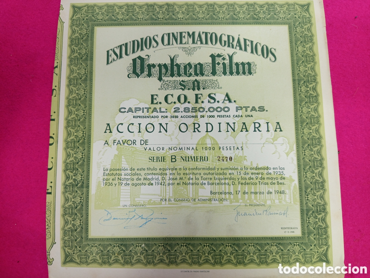 Coleccionismo acciones espa&ntilde;olas: Acci&oacute;n Orphea film S.A 2470