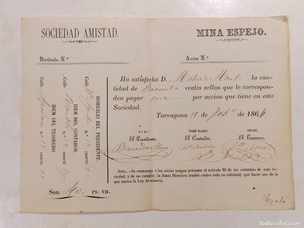 Sammeln von spanischen Wertpapieren: TARRAGONA - SOCIEDAD AMISTAD - MINA ESPEJO - ACCION ANTIGUA A&Ntilde;O 1864 -VER FOTOS