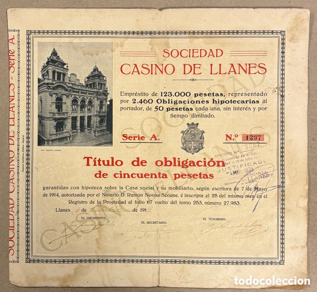 Coleccionismo acciones espa&ntilde;olas: SOCIEDAD CASINO DE LLANES TITULO DE OBLIGACION DE CINCUENTA PESETA OCTUBRE DE 1914
