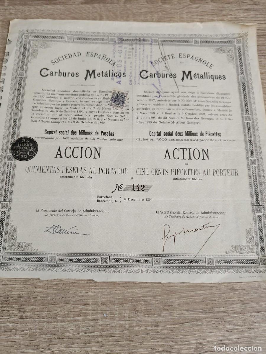 Coleccionismo acciones espa&ntilde;olas: Sociedad Espa&ntilde;ola de Carburos Met&aacute;licos (1899)