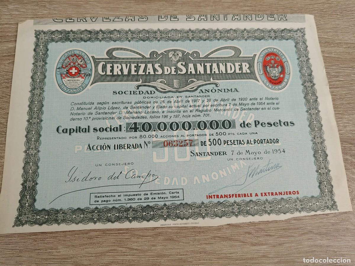 Coleccionismo acciones espa&ntilde;olas: Cervezas de Santander, S.A. (Varias fechas)