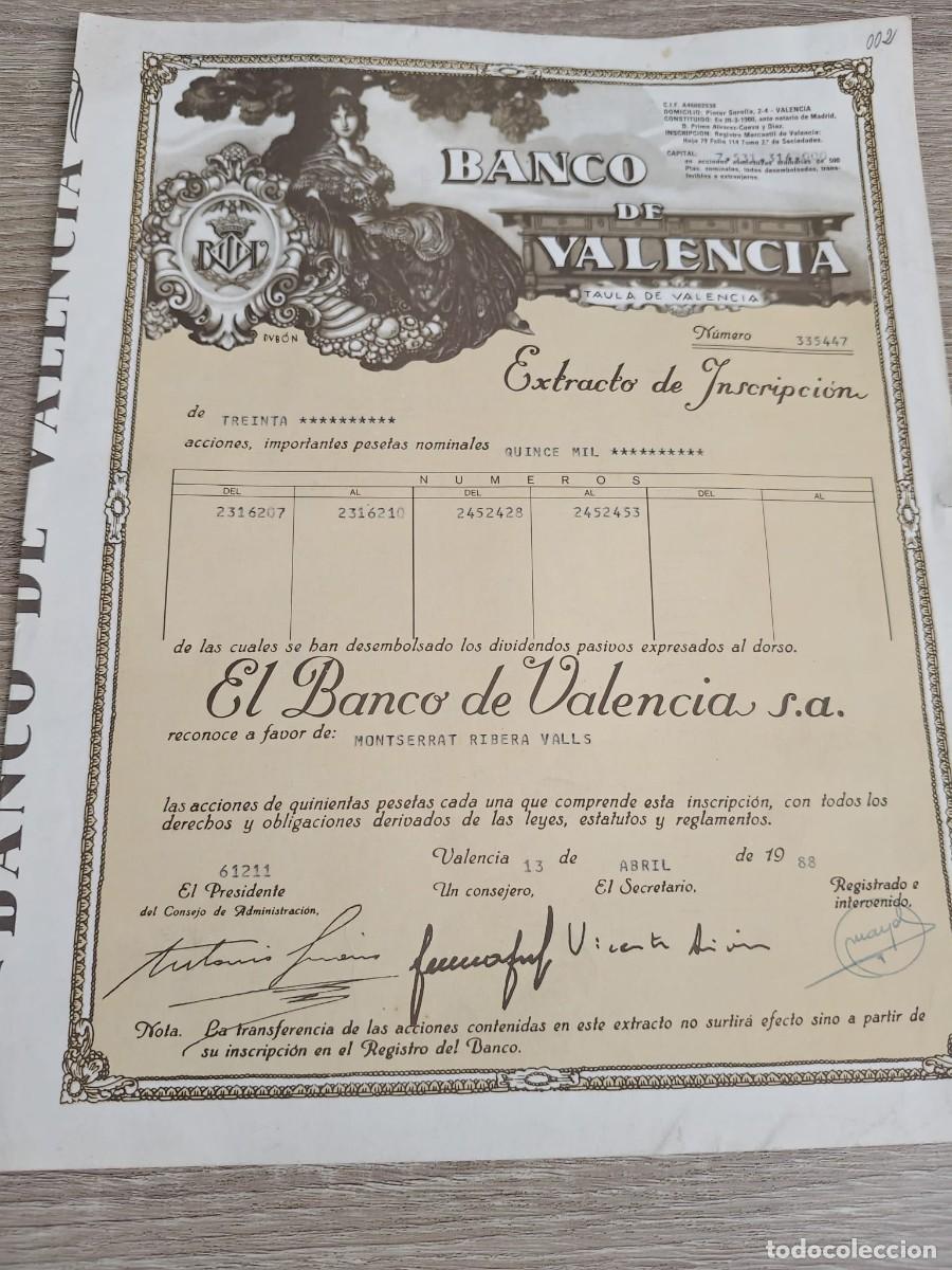 Collectionnisme Actions Espagne: Banco de Valencia, S.A. (Extracto de Inscripci&oacute;n - 1988)