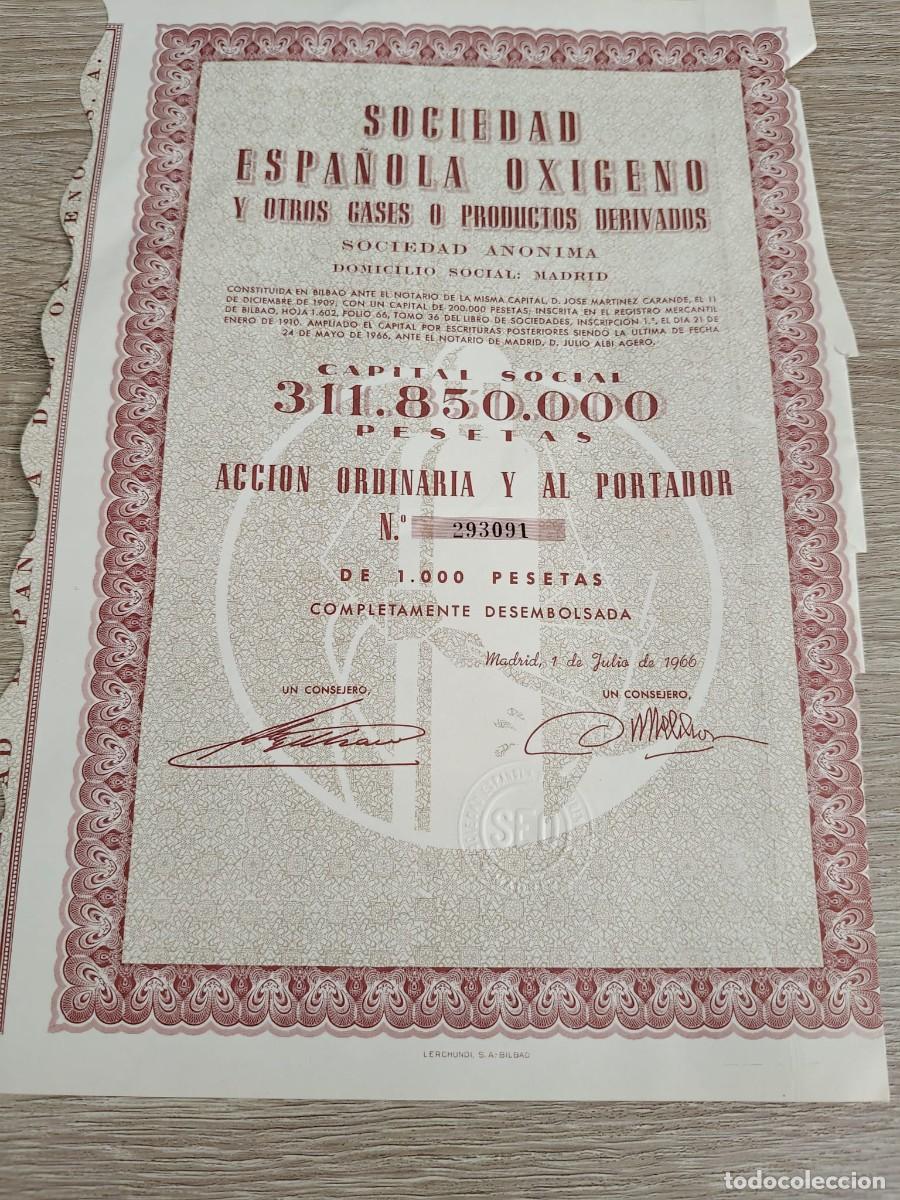 Collectionnisme Actions Espagne: Sociedad Espa&ntilde;ola de Ox&iacute;geno y otros gases o productos derivados, S.A. (1966)
