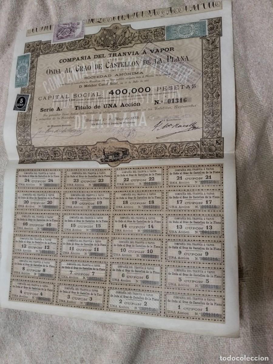 Coleccionismo acciones espa&ntilde;olas: Acci&oacute;n 1888 Tranv&iacute;a a Vapor Onda al Grao de Castell&oacute;n - La Panderola. Serie A. Con 24 Cupones