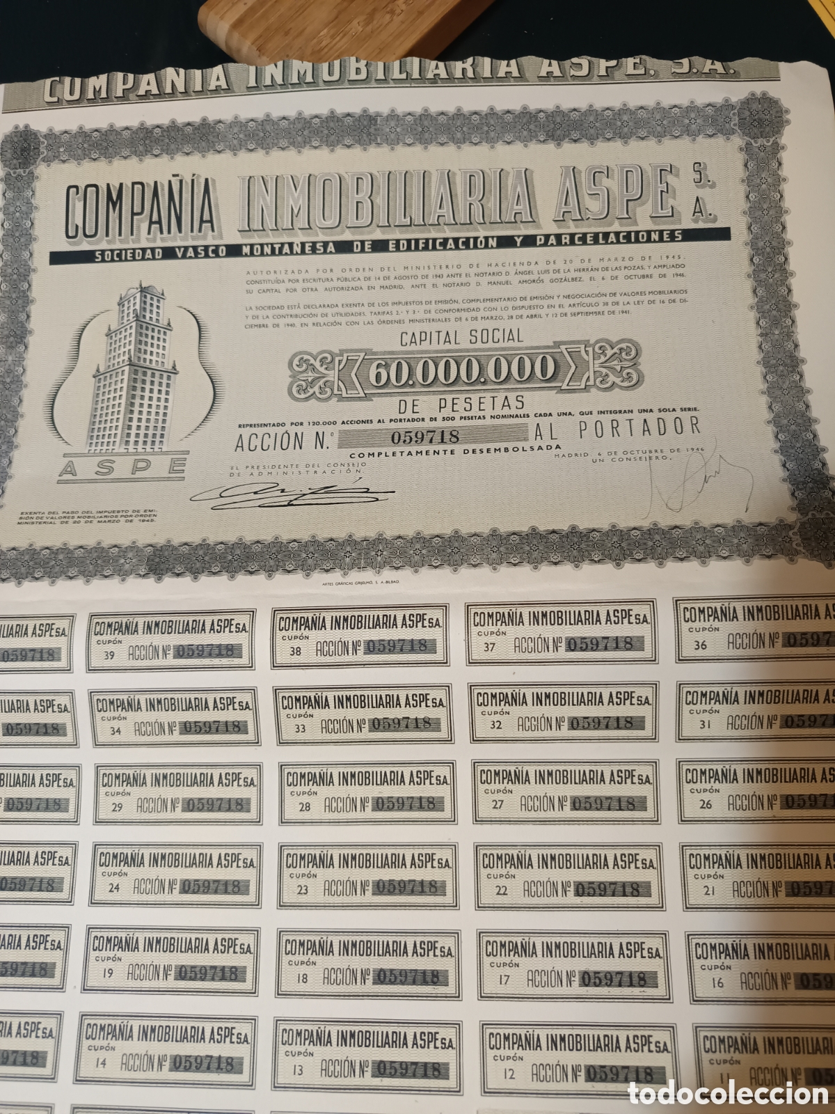 Coleccionismo acciones espa&ntilde;olas: Cia inmobiliaria Aspe