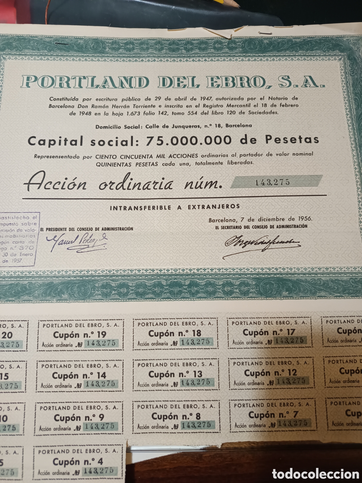 Coleccionismo acciones espa&ntilde;olas: Acciones de Portland del Ebro S.A.