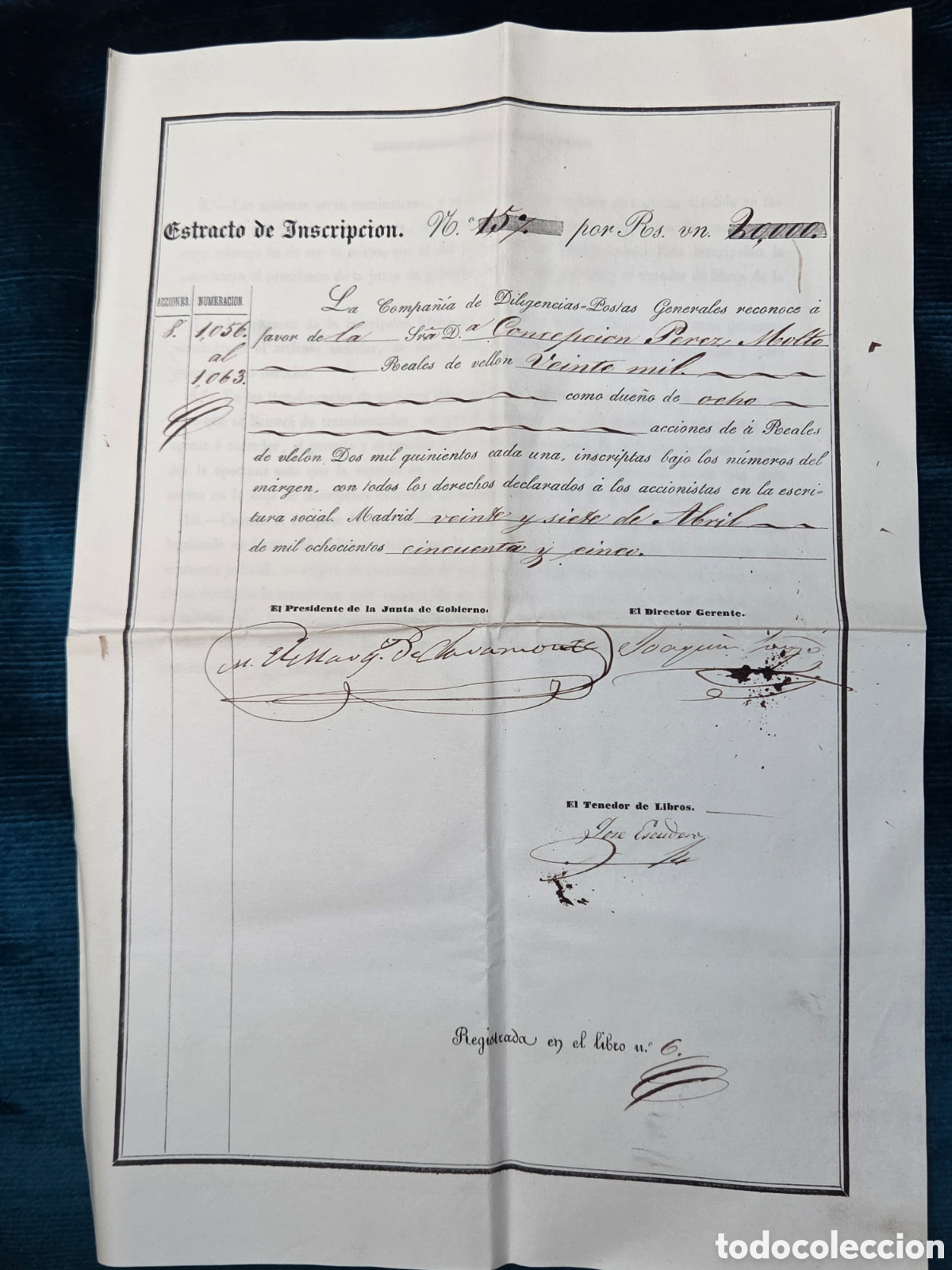 Collezionismo Azioni Spagnole: COMPA&Ntilde;&Iacute;A DE DILIGENCIAS-POSTAS GENERALES 1855 Extracto de Inscripci&oacute;n de 8 ACCIONES