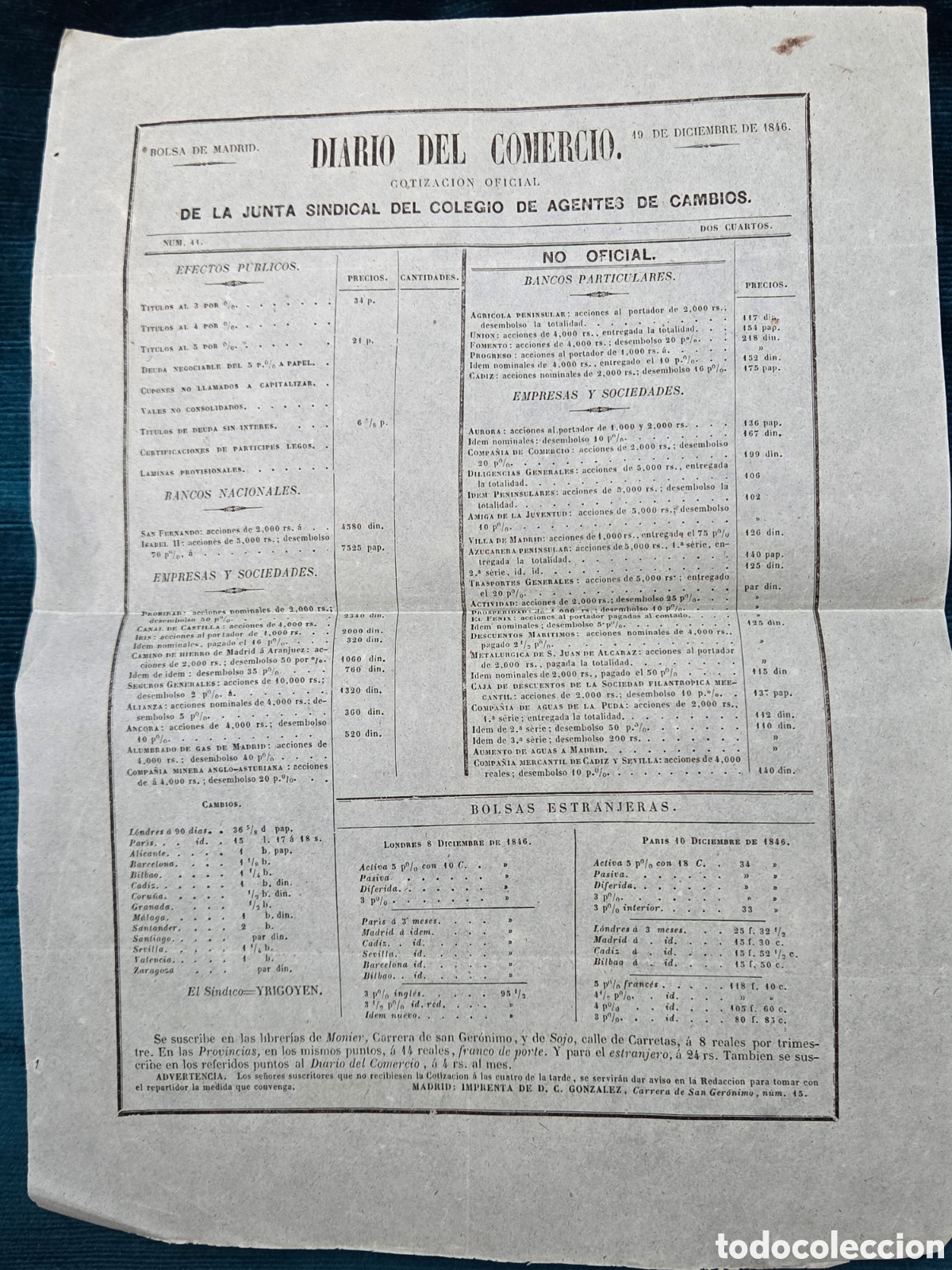 Collectionnisme Actions Espagne: BOLSA MADRID 1846 DIARIO DEL COMERCIO Cotizaci&oacute;n oficial del colegio Agentes de Cambio