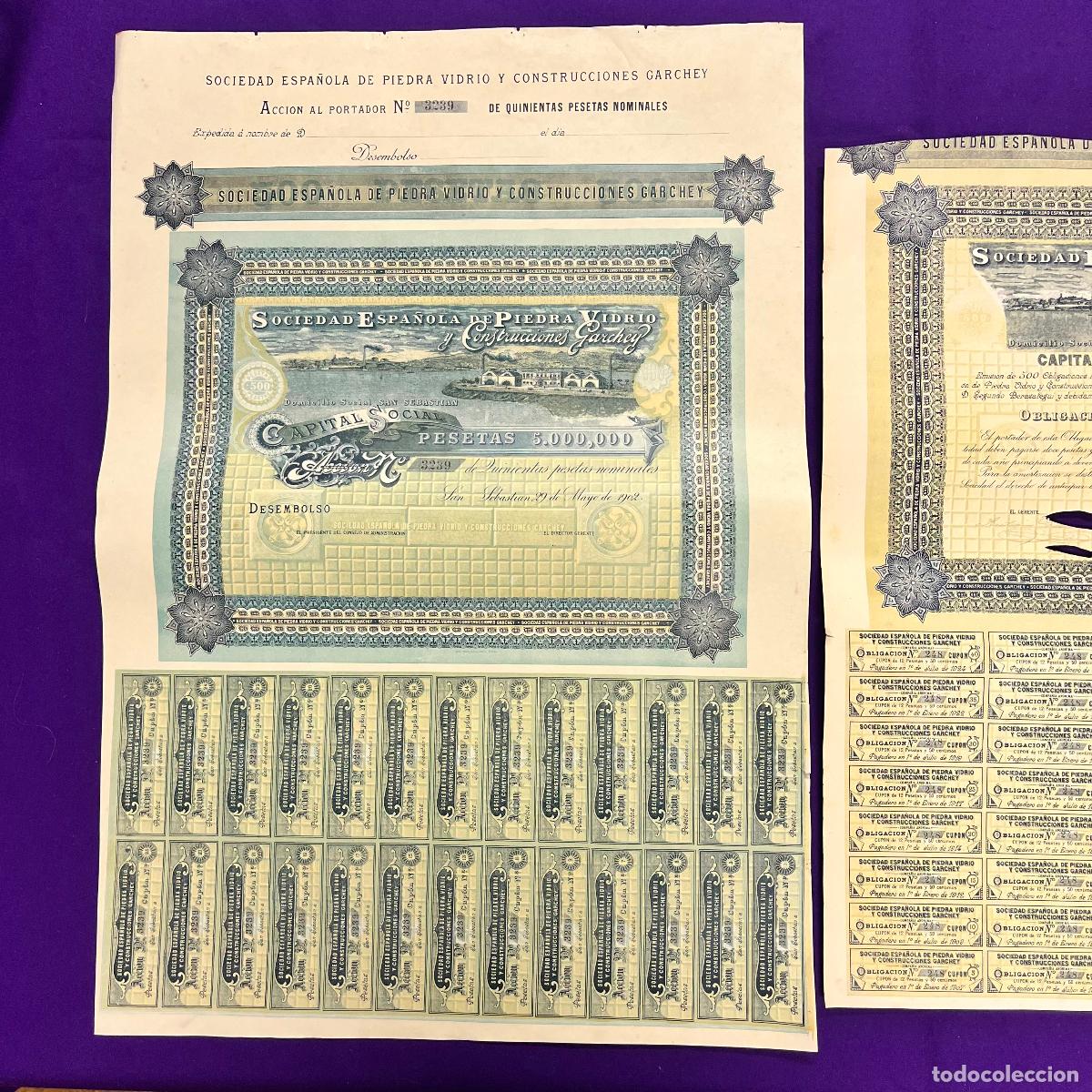 Collectionnisme Actions Espagne: SOCIEDAD ESPA&Ntilde;OLA DE PIEDRA VIDRIO Y CONSTRUCCIONES GARCHEY. 1902. 1904. ACCION Y OBLIGACION.