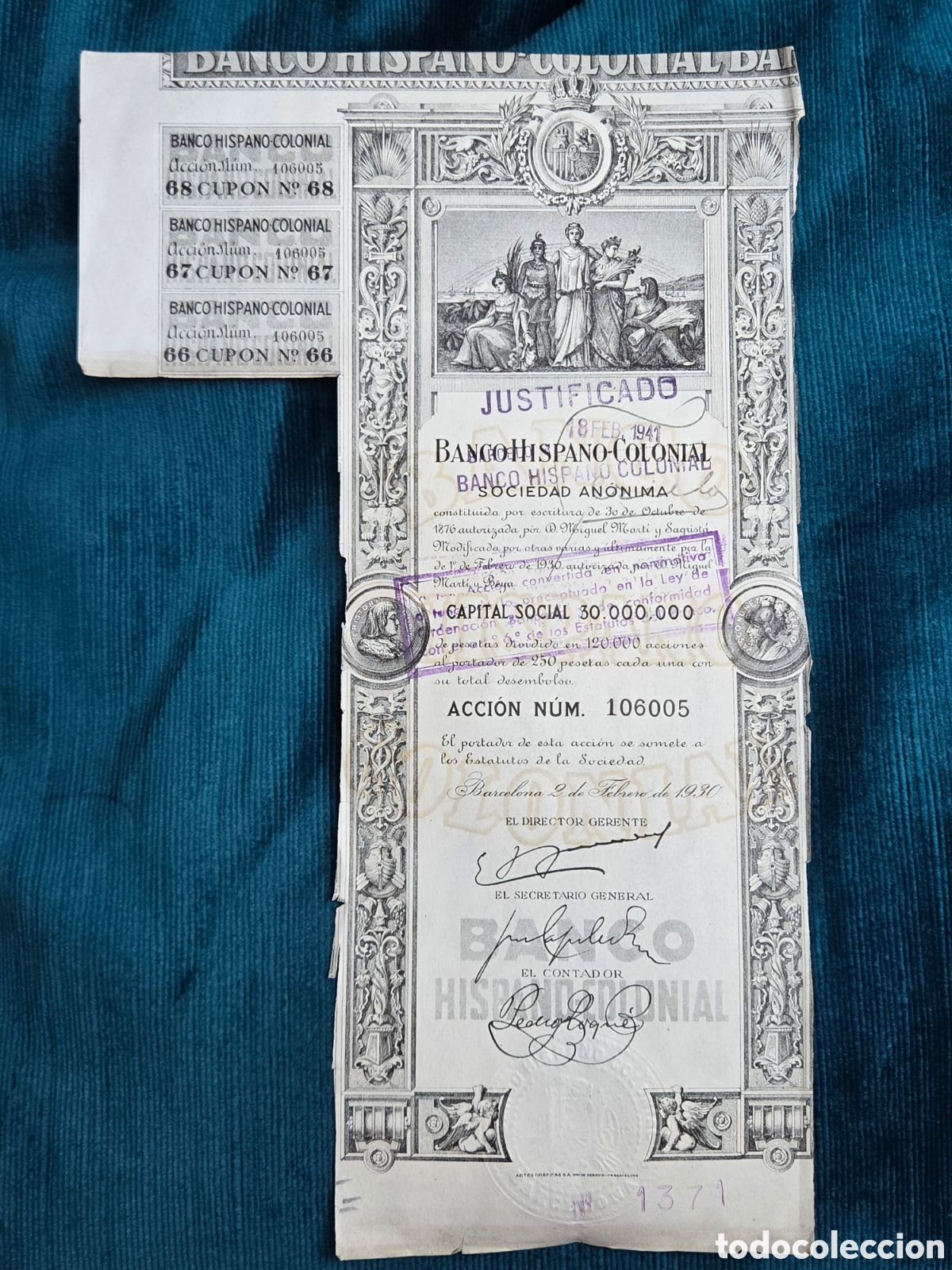 Collectionnisme Actions Espagne: RARA ACCI&Oacute;N BANCO HISPANO COLONIAL 1930