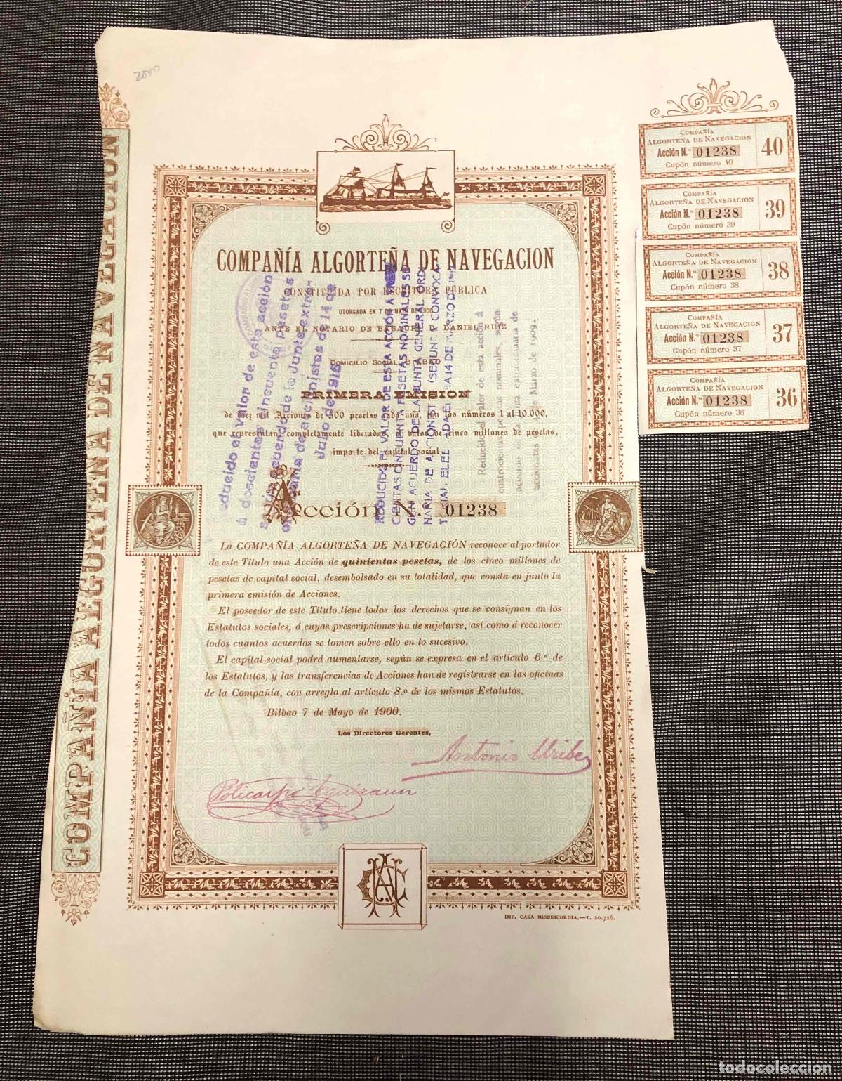 Sammeln von spanischen Wertpapieren: ACCION COMPA&Ntilde;IA ALGORTE&Ntilde;A DE NAVEGACION. BILBAO, 7 DE MAYO DE 1900