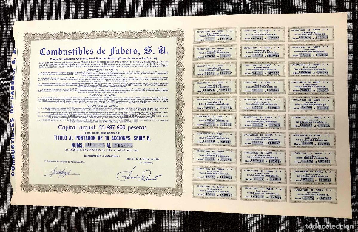 Coleccionismo acciones espa&ntilde;olas: ACCION COMBUSTIBLES DE FABERO. MADRID, 16 DE FEBRERO DE 1976