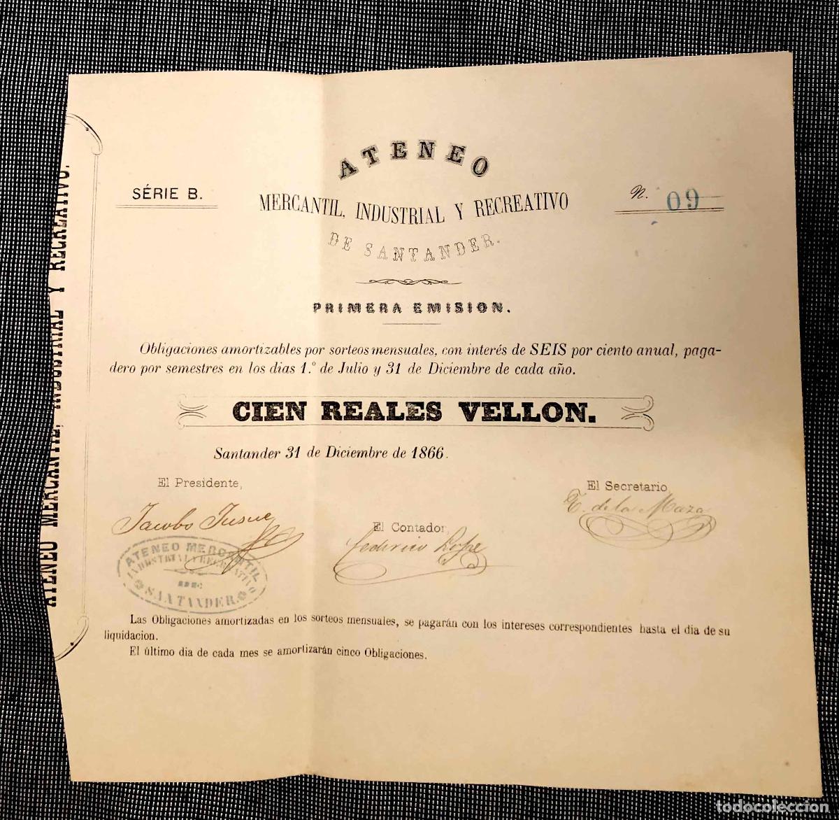 Coleccionismo acciones espa&ntilde;olas: OBLIGACION ATENEO MERCANTIL, INDUSTRIAL Y RECREATIVO DE SANTANDER. 31 DE DICIEMBRE DE 1866