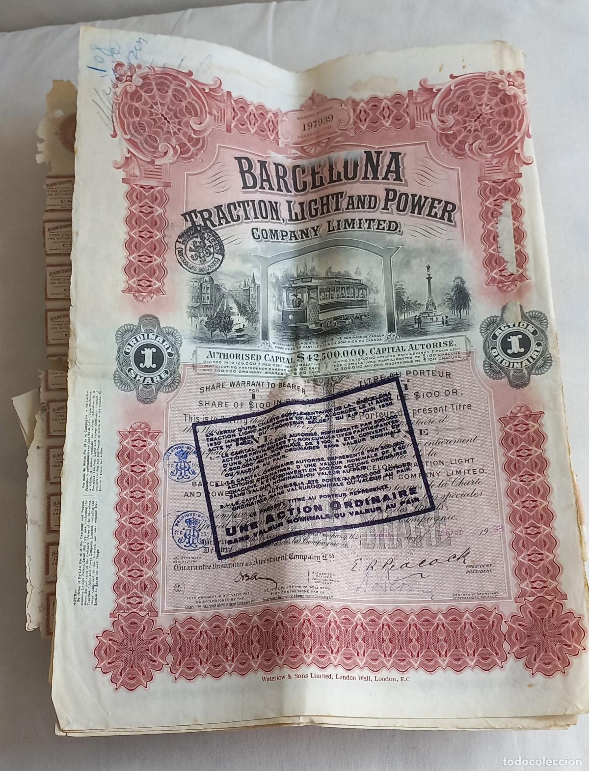 Coleccionismo acciones espa&ntilde;olas: Barcelona Traction, Light and Power Company Limited. 4 acciones. 1913, 1914 y 2 de 1923