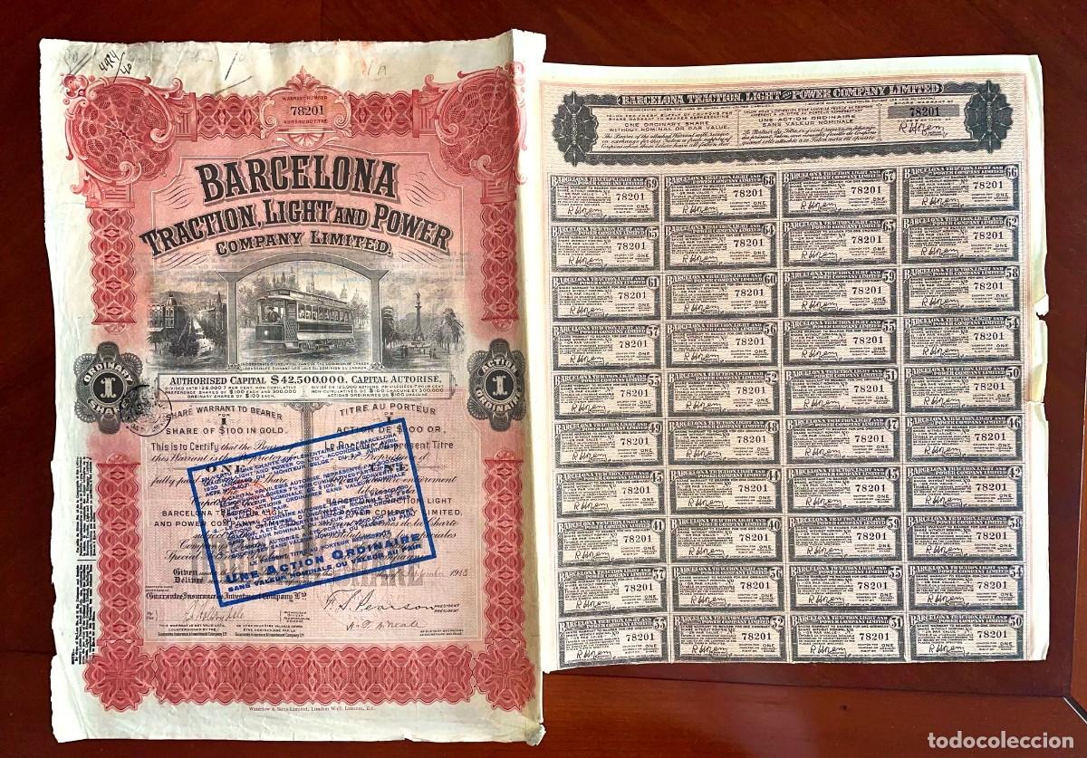 Coleccionismo acciones espa&ntilde;olas: Barcelona Traction Light and Power. 1913 acci&oacute;n G+