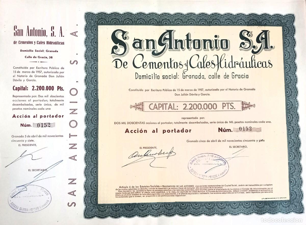 Coleccionismo acciones espa&ntilde;olas: ACCI&Oacute;N SAN ANTONIO DE CEMENTOS Y CALES HIDR&Aacute;ULICAS. GRANADA 1957