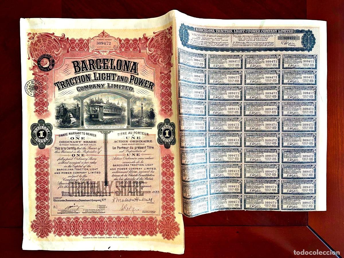 Coleccionismo acciones espa&ntilde;olas: Barcelona Traction Light and Power. 1933 acci&oacute;n VG+