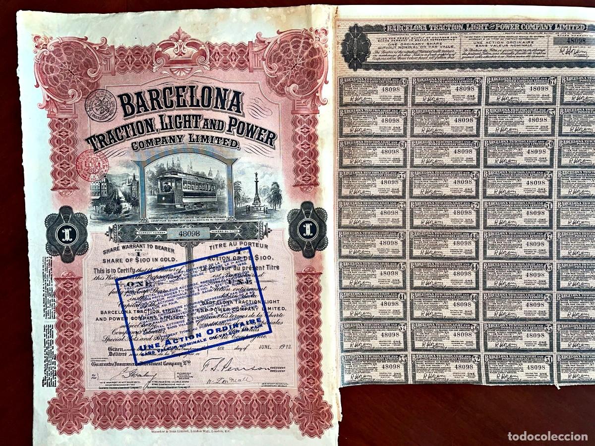 Coleccionismo acciones espa&ntilde;olas: Barcelona Traction Light and Power. 1913 acci&oacute;n G+ manchas