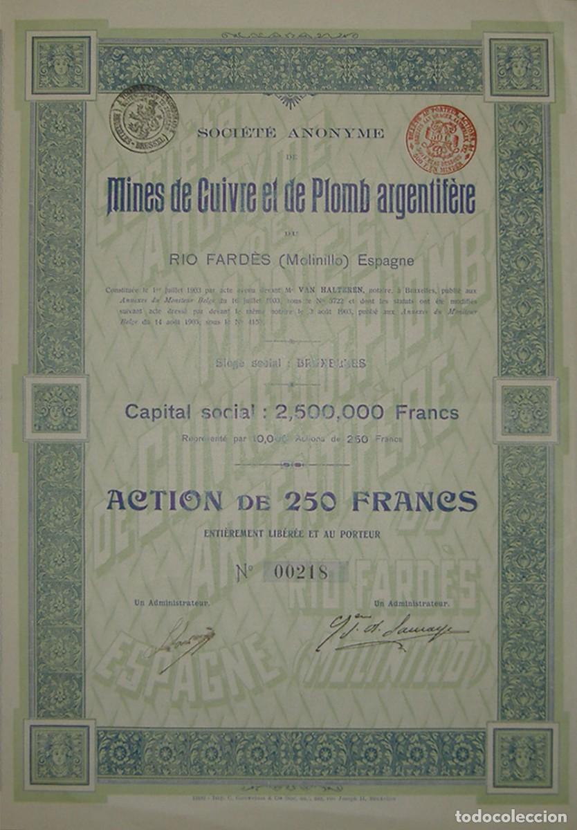 Coleccionismo acciones espa&ntilde;olas: Minas de Cobre y Plomo argent&iacute;fero de R&iacute;o Fardes (Molinillo), Hu&eacute;tor Santill&aacute;n, Granada (1903)