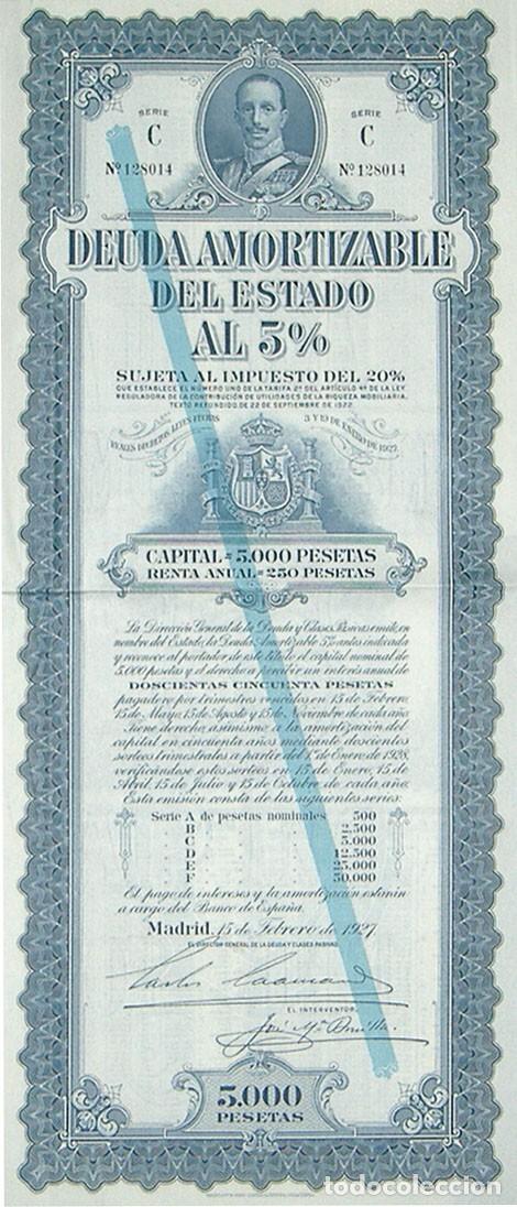 Coleccionismo acciones espa&ntilde;olas: Deuda amortizable del Estado, Serie C, 5000 pesetas, Alfonso XIII (1927)
