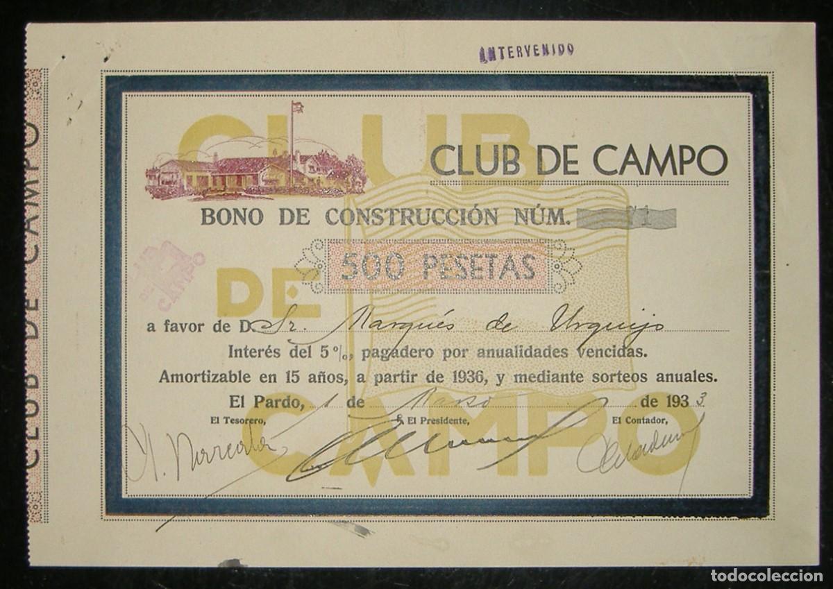 Coleccionismo acciones espa&ntilde;olas: Club de Campo, El Pardo - Madrid (1933) Marqu&eacute;s de Urquijo