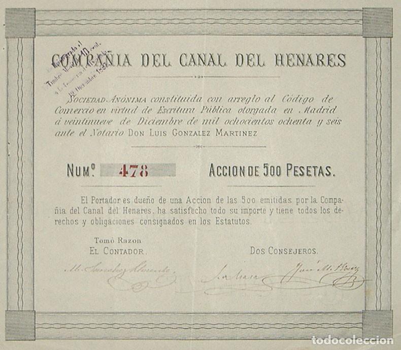 Coleccionismo acciones espa&ntilde;olas: Compa&ntilde;&iacute;a del Canal del Henares, Madrid (1886)