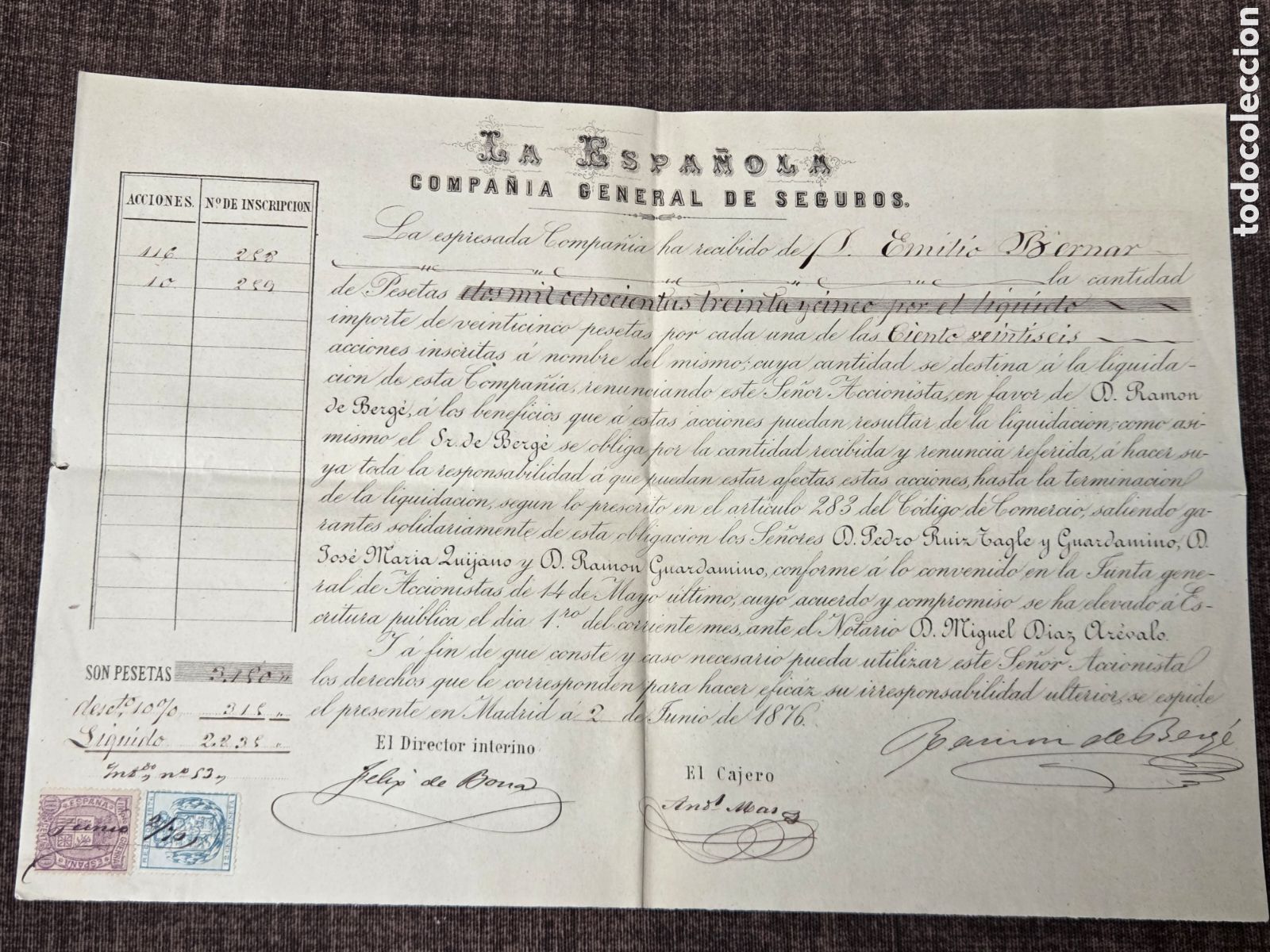 Collectionnisme Actions Espagne: SEGUROS LA ESPA&Ntilde;OLA 1876 RECIBO VENTA DE ACCIONES.