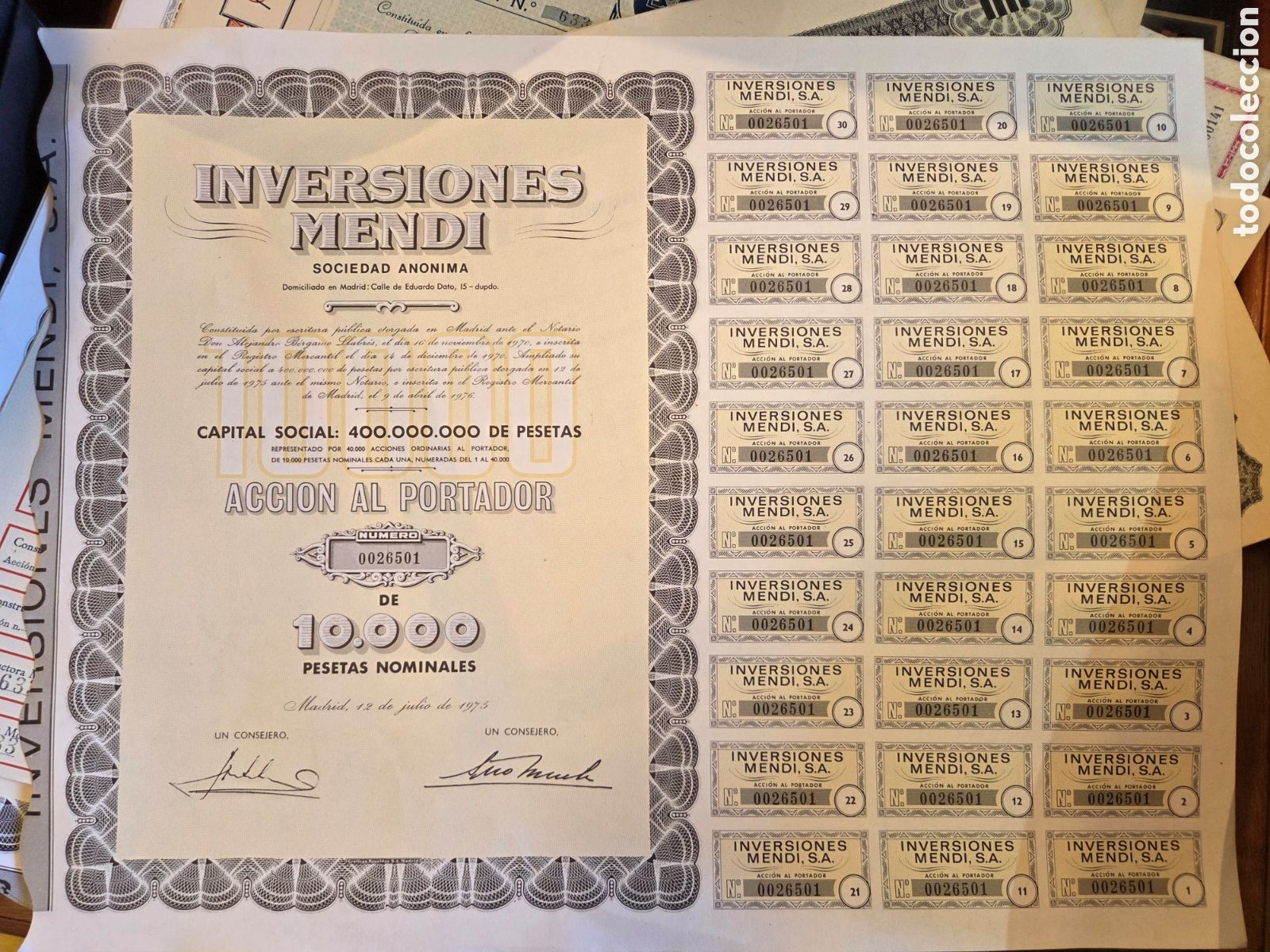 Collectionnisme Actions Espagne: Acci&oacute;n de Inversiones Mendi. Madrid 1975