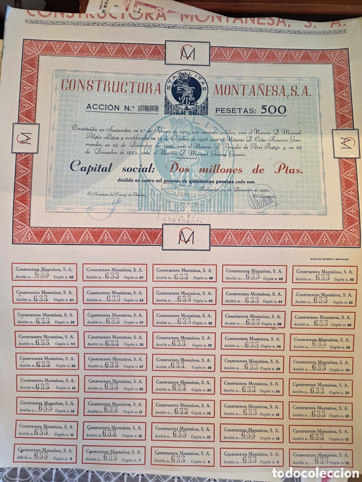 Collectionnisme Actions Espagne: ACCI&Oacute;N CONSTRUCTORA MONTA&Ntilde;ESA, SANTANDER 1952