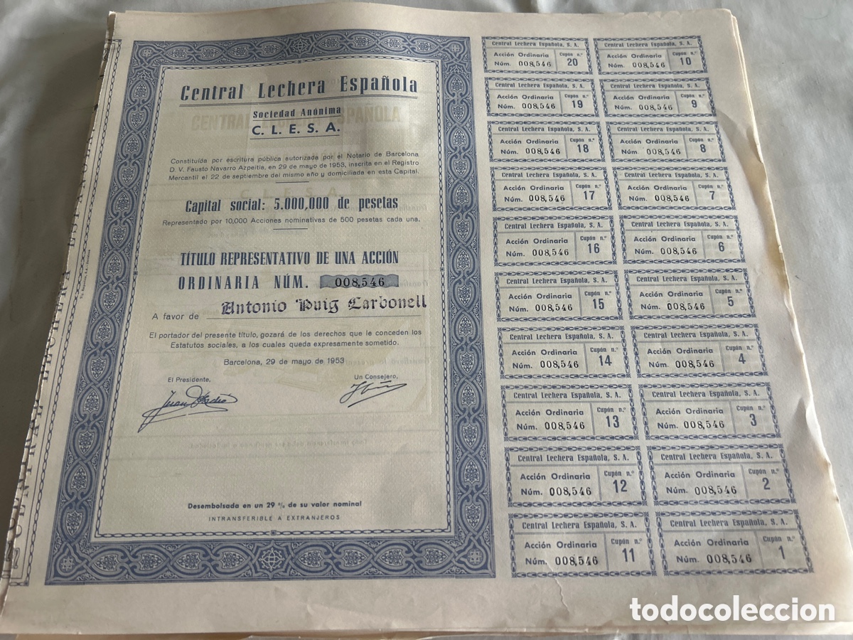 Collectionnisme Actions Espagne: Antiguo lote de 98 acciones Central Lechera Espa&ntilde;ola.1953