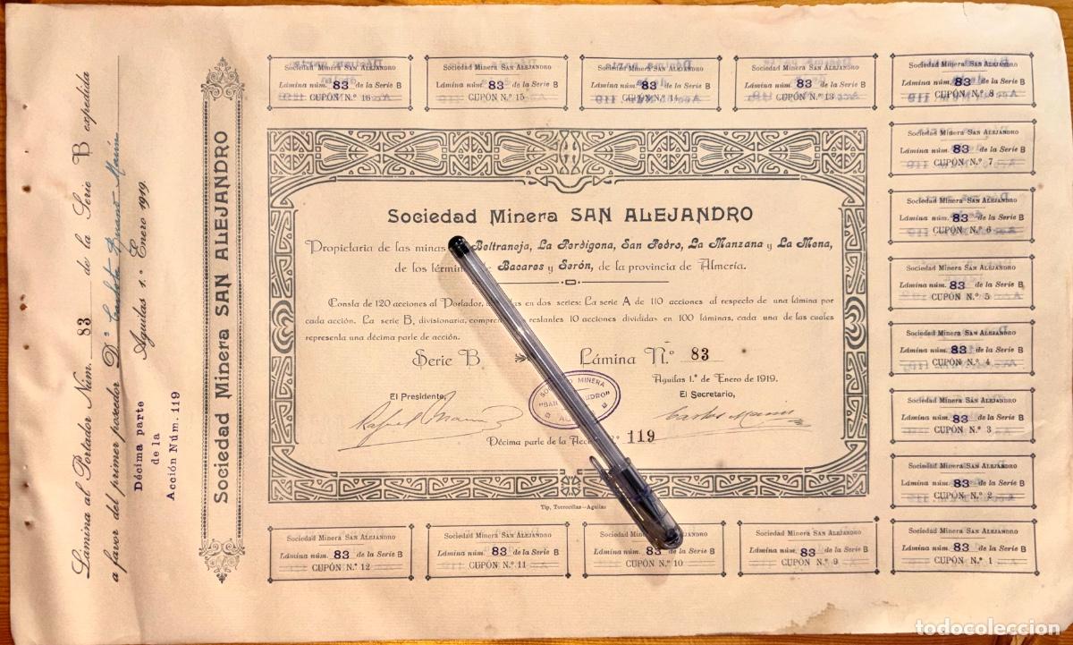 Collezionismo Azioni Spagnole: BACARES- SERON- ALMERIA- MINERIA- ACCION SM. SAN ALEJANDRO- SERIE B - 1919- RARA