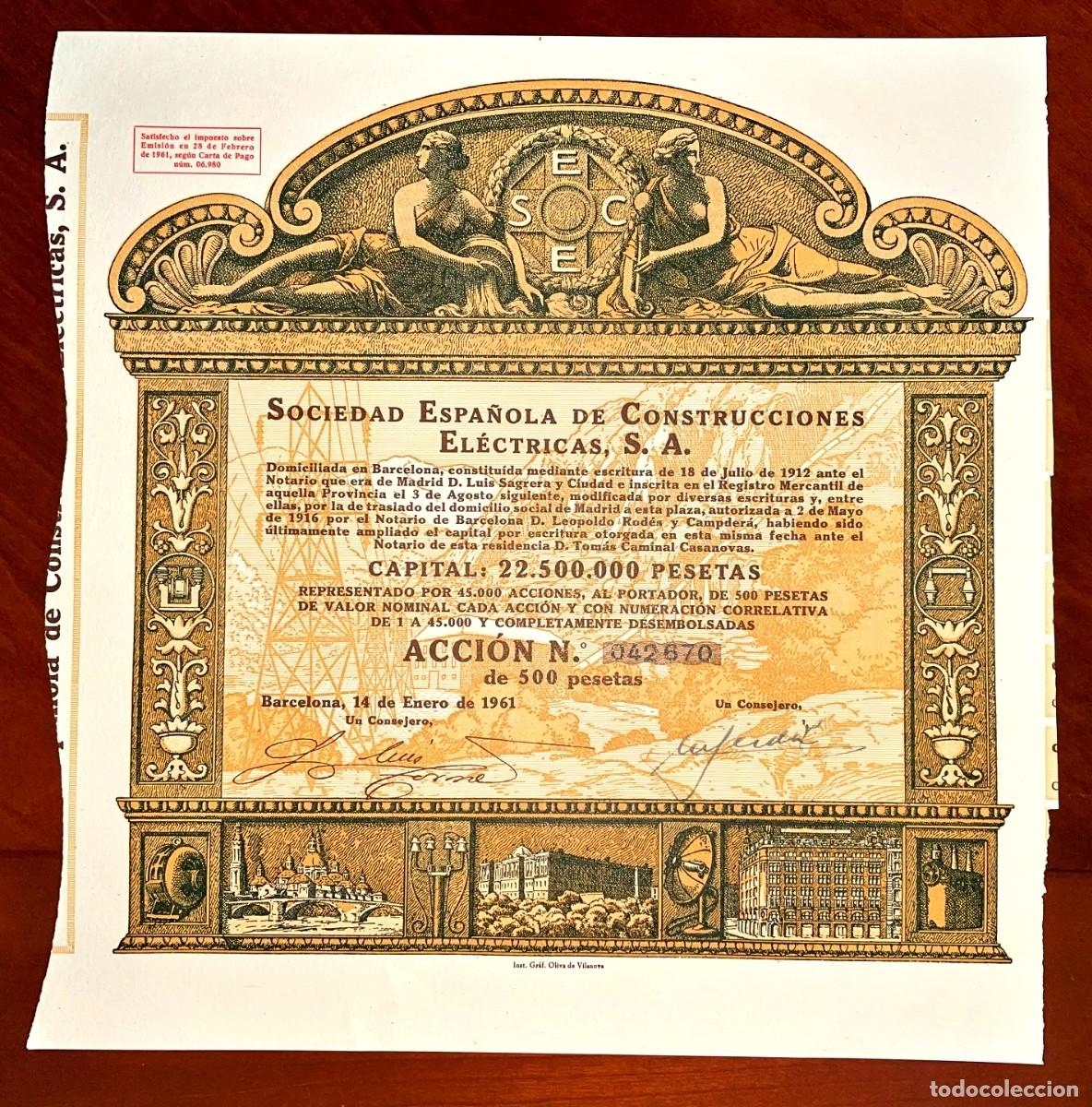 Sammeln von spanischen Wertpapieren: Sociedad Espa&ntilde;ola de Construcciones El&eacute;ctricas,SA Barcelona 1961 , acci&oacute;n