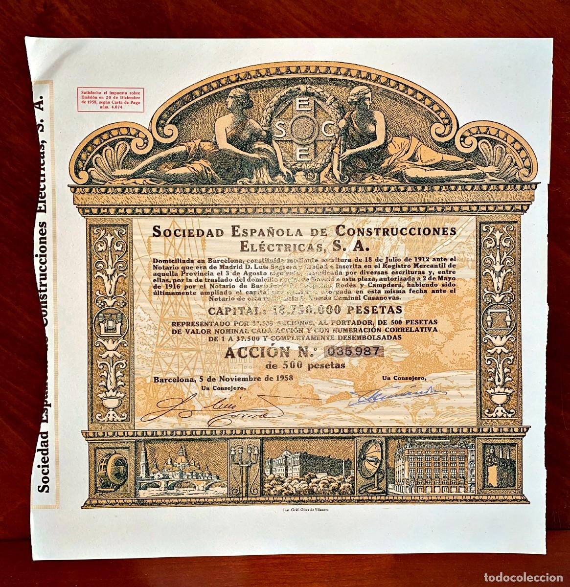 Sammeln von spanischen Wertpapieren: Sociedad Espa&ntilde;ola de Construcciones El&eacute;ctricas,SA Barcelona 1958 , acci&oacute;n