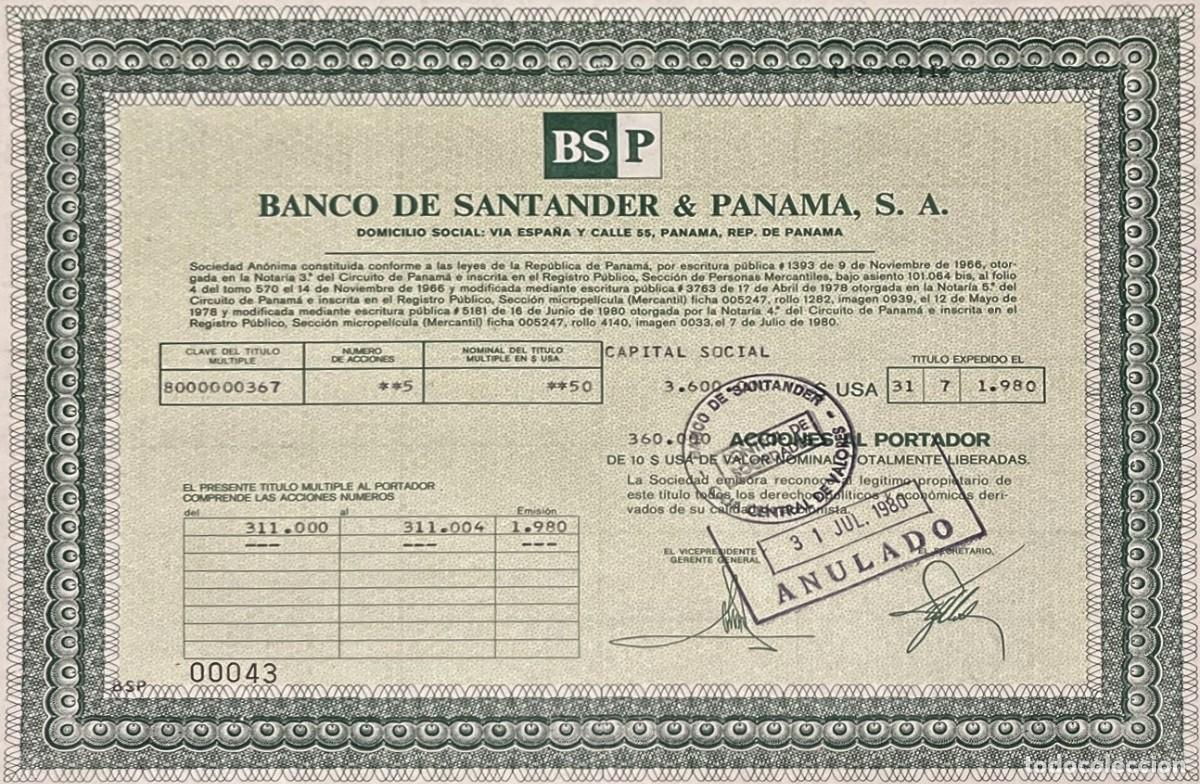 Collectables Spanish Shares: LOTE 10 TITULOS BANCARIOS BANCO DE SANTANDER PANAMA HIPOTEBANSA BANCA JOVER BANCO MURCIA
