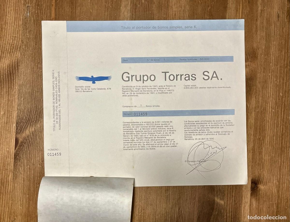 Coleccionismo acciones espa&ntilde;olas: CASO KIO GRUPO TORRAS 5 BONOS 50000 PTAS 1990 + FACTURA CUSTODIA BANCO SANTANDER