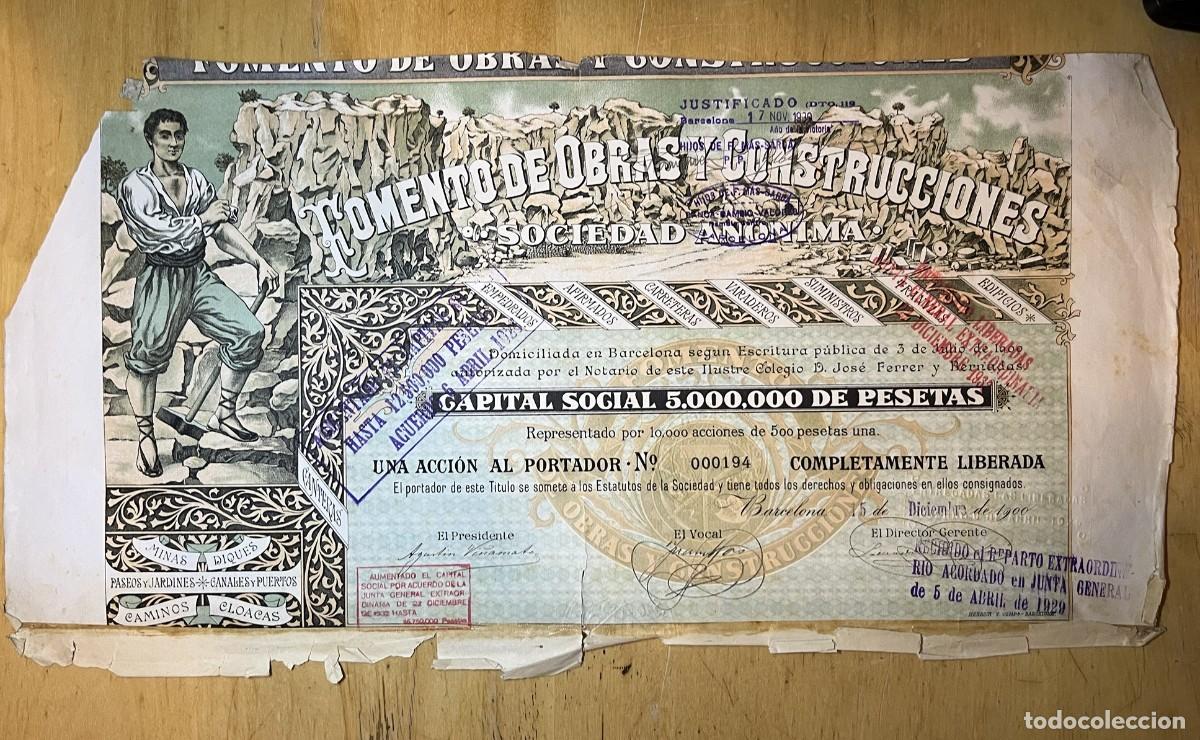 Coleccionismo acciones espa&ntilde;olas: FOMENTO DE OBRAS Y CONSTRUCCIONES FOCSA 1900 FUNDACIONAL TRES ACCIONES N&ordm; 000191 000194 000195