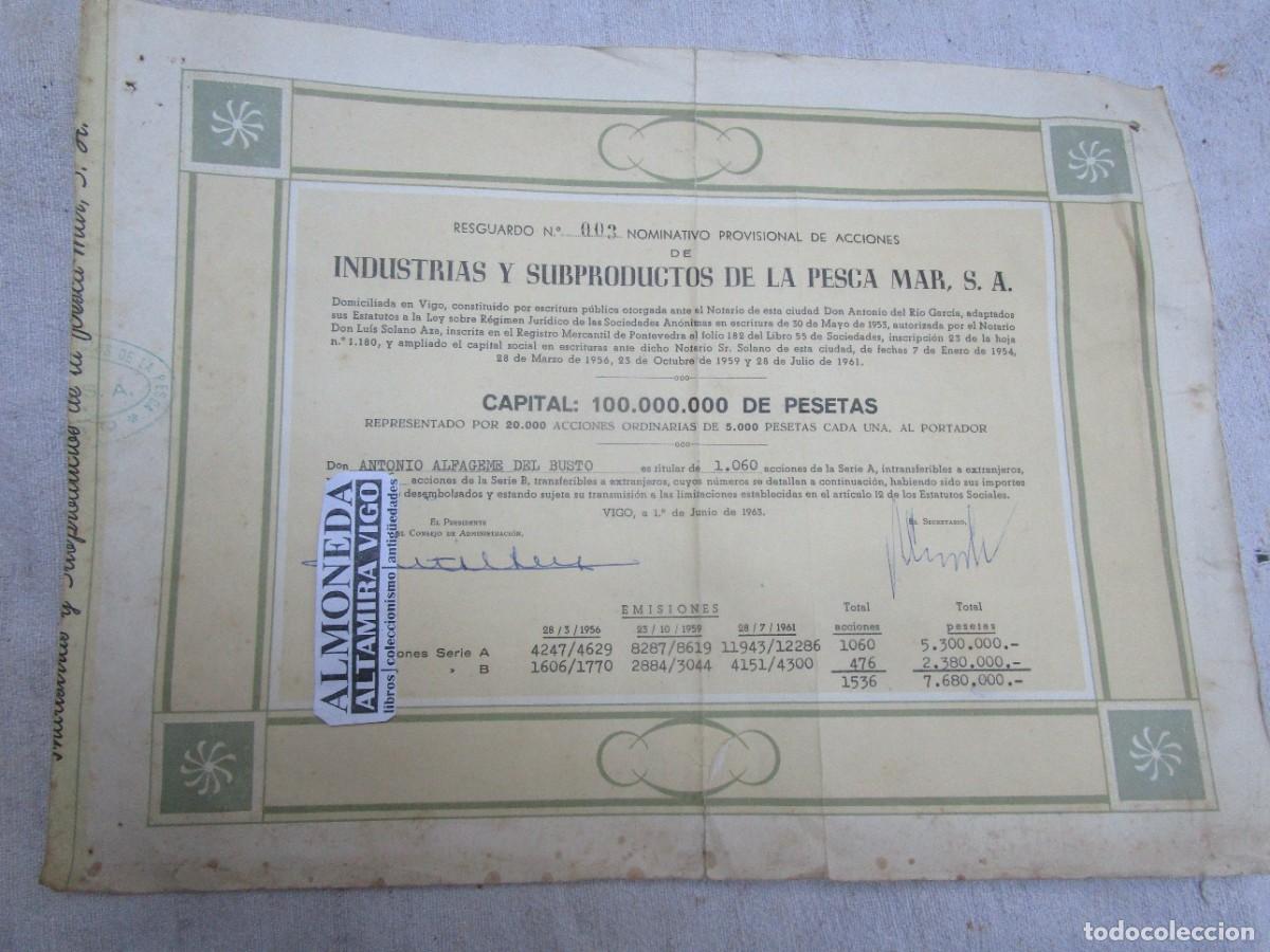 Coleccionismo acciones espa&ntilde;olas: ACCION PESCA - CASA MAR SA - VIGO 1965 NOMINATIVA ' ANTONIO ALFAGEME DEL BUSTO - 32X24CM + INFO