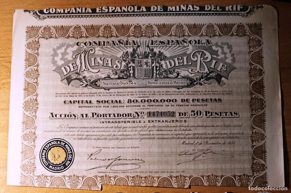 Coleccionismo acciones espa&ntilde;olas: Compa&ntilde;&iacute;a Espa&ntilde;ola de Minas del Rif
