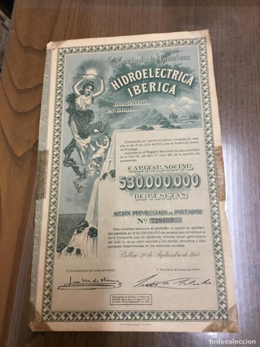 Coleccionismo acciones espa&ntilde;olas: 1944, Antigua Acci&oacute;n, Hidroel&eacute;ctrica Ib&eacute;rica, Bilbao, sin cupones, unos 35 x 21 cms.