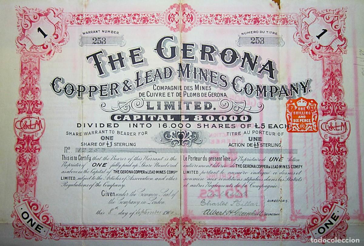 Coleccionismo acciones espa&ntilde;olas: 1900- THE GERONA COPPER & LEAD MINES