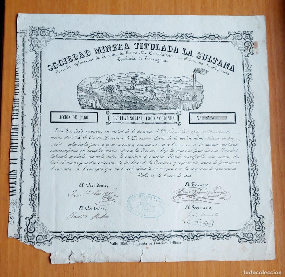 Coleccionismo acciones espa&ntilde;olas: ACCION SOCIEDAD SULTANA MINA HIERRO CONSOLADORA FIGUEROLA TARRAGONA 1858