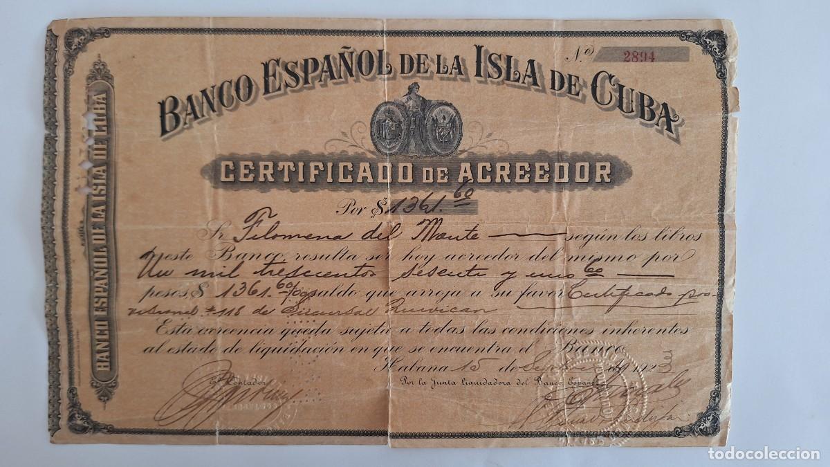 Collectables Spanish Shares: ANTIGUA ACCION BANCO ESPA&Ntilde;OL DE LA ISLA DE CUBA CERTIFICADO ACREEDOR A&Ntilde;O 1923 RV