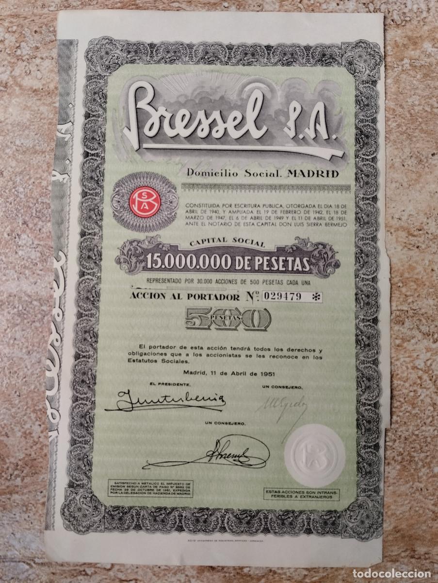 Coleccionismo acciones espa&ntilde;olas: ACCION BRESSEL S. A.. MADRID A&Ntilde;O 1951 AUTOMOCION MOTOR COCHE...