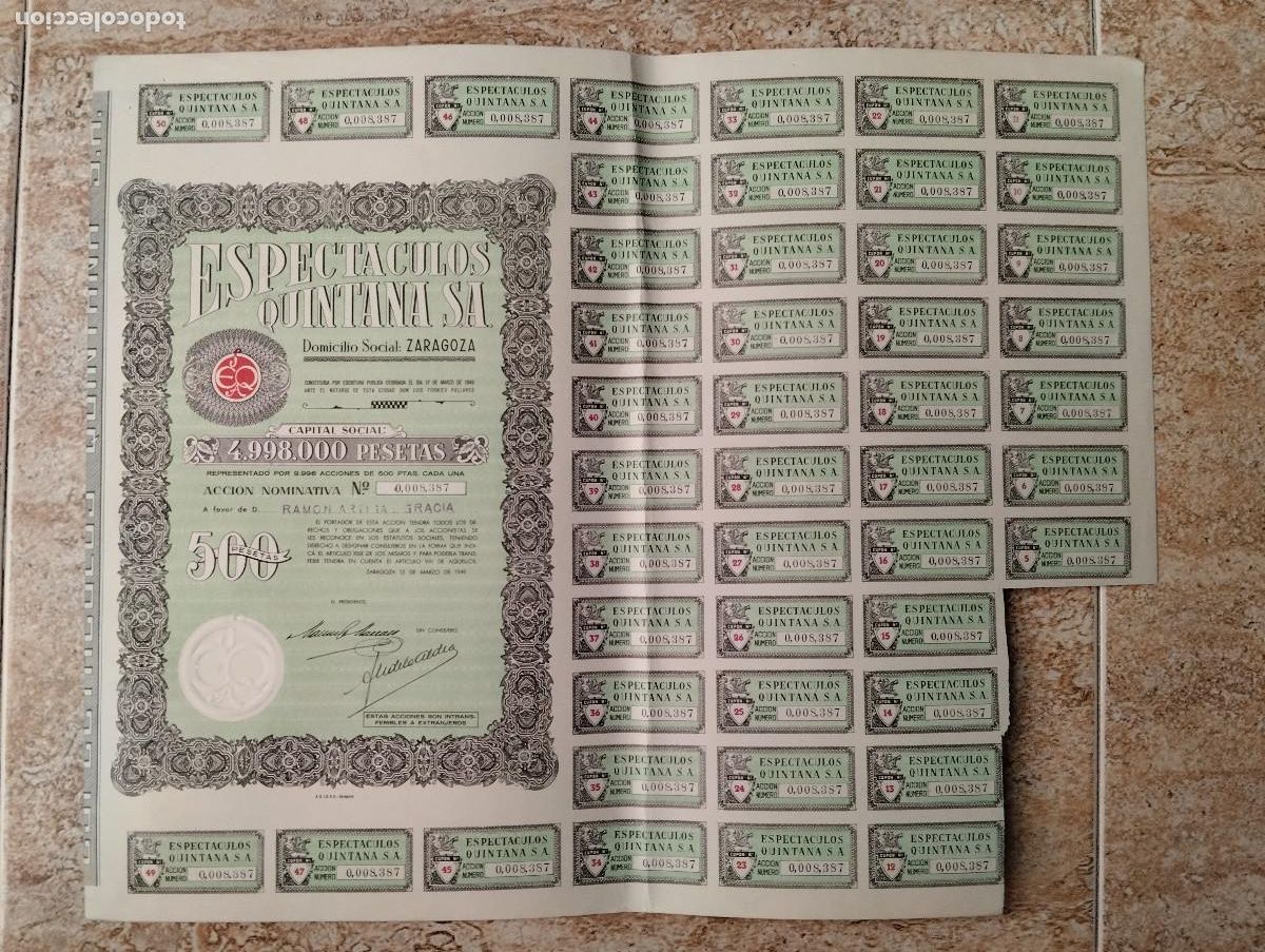 Coleccionismo acciones espa&ntilde;olas: ACCION DE ESPECTACULOS QUINTANA S. A. CINES.. DE ZARAGOZA A&Ntilde;O 1949