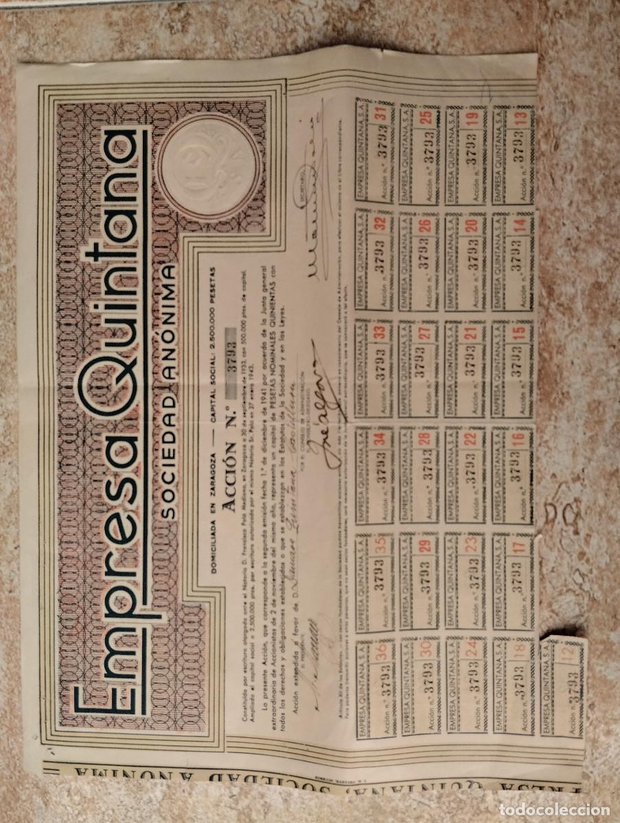 Coleccionismo acciones espa&ntilde;olas: ACCION DE EMPRESA QUINTANA S. A. CINES.. DE ZARAGOZA A&Ntilde;O 1941