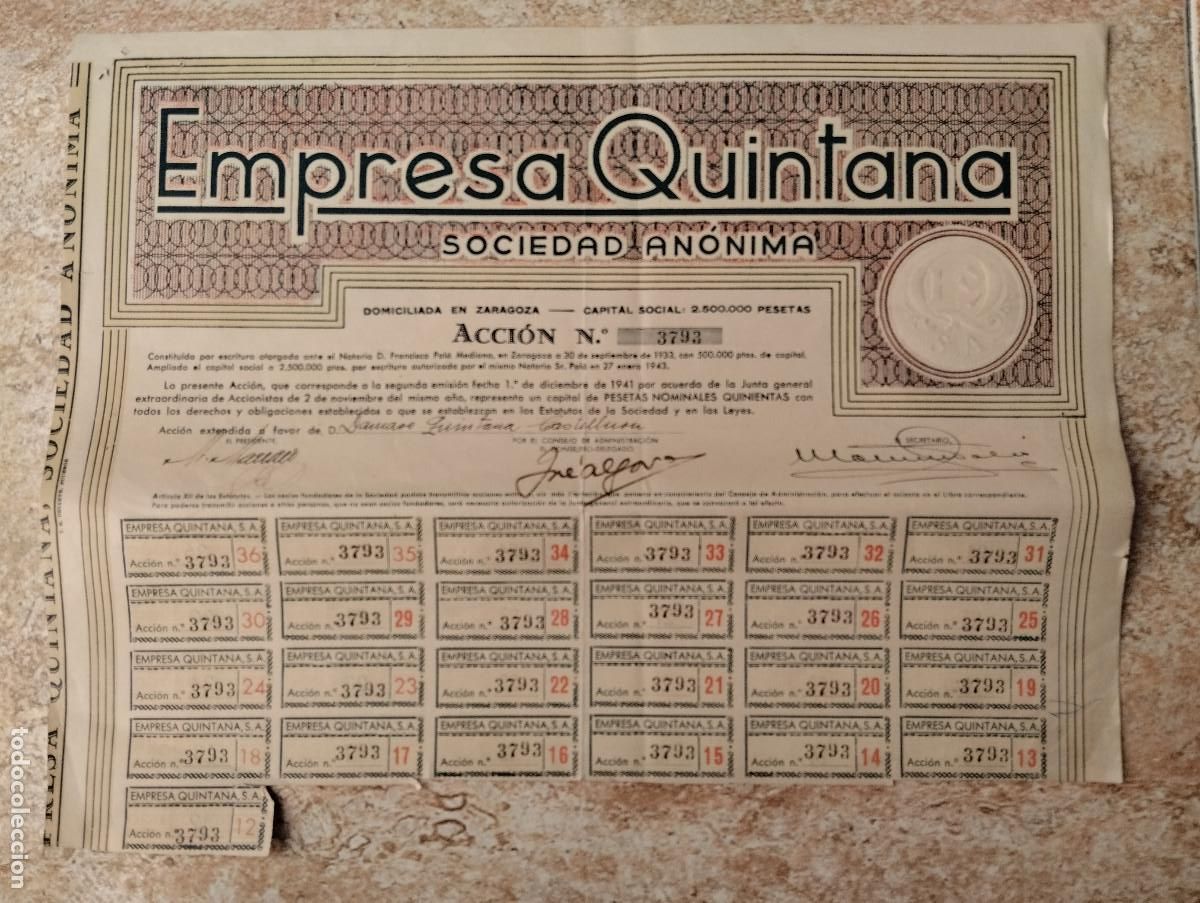 Coleccionismo acciones espa&ntilde;olas: ACCION DE EMPRESA QUINTANA S. A. CINES.. DE ZARAGOZA A&Ntilde;O 1941