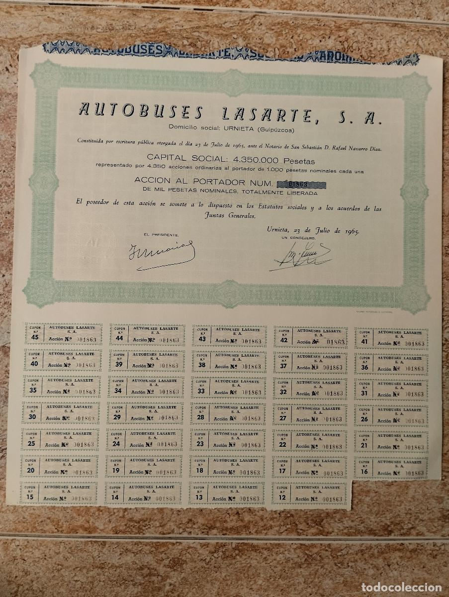 Coleccionismo acciones espa&ntilde;olas: ACCION AUTOBUSES LASARTE, S.A. - URNIETA GUIPUZCOA - 1965