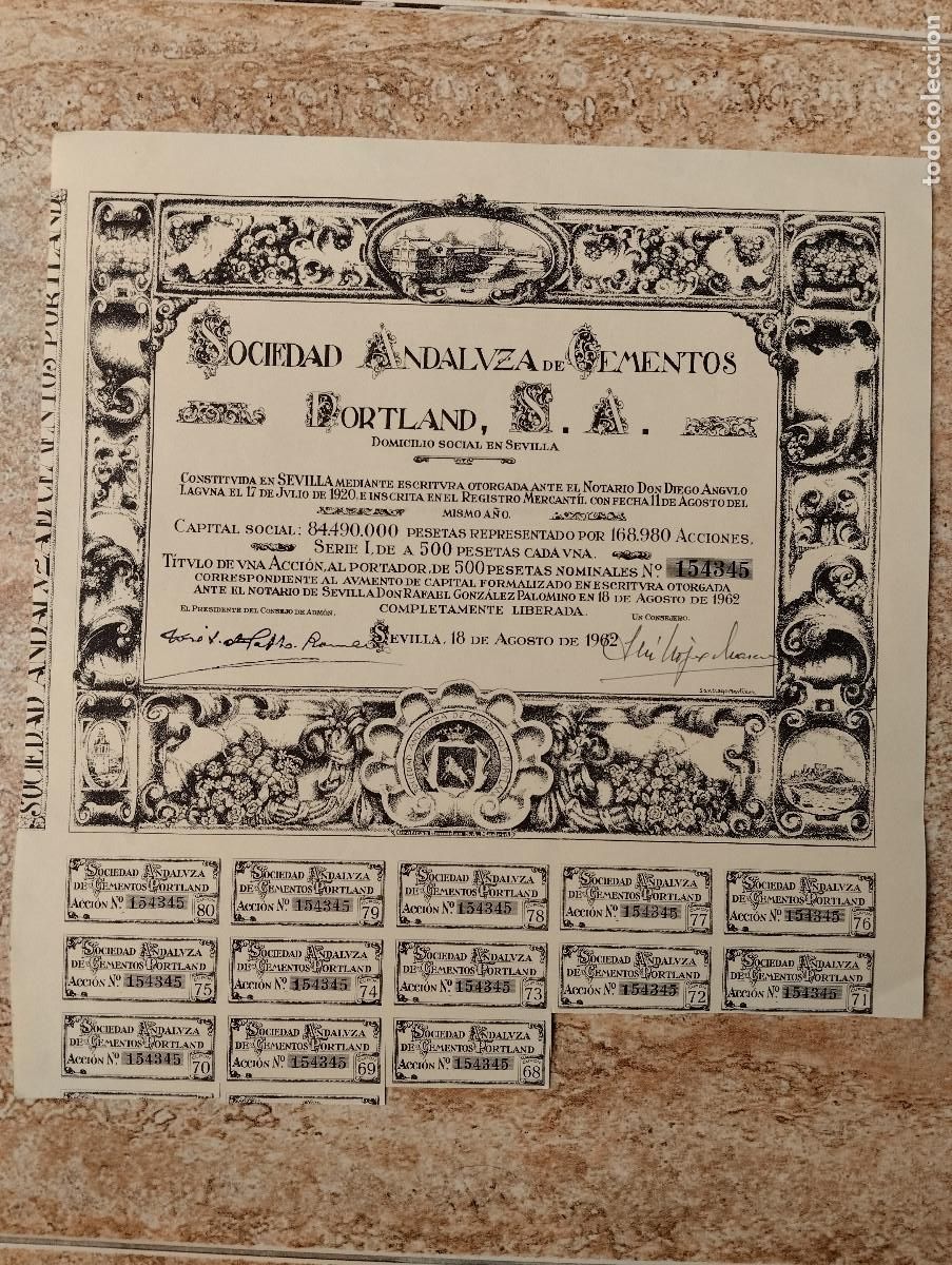 Coleccionismo acciones espa&ntilde;olas: ACCI&Oacute;N SOCIEDAD ANDALUZA DE CEMENTOS PORTLAND. SEVILLA. 1962